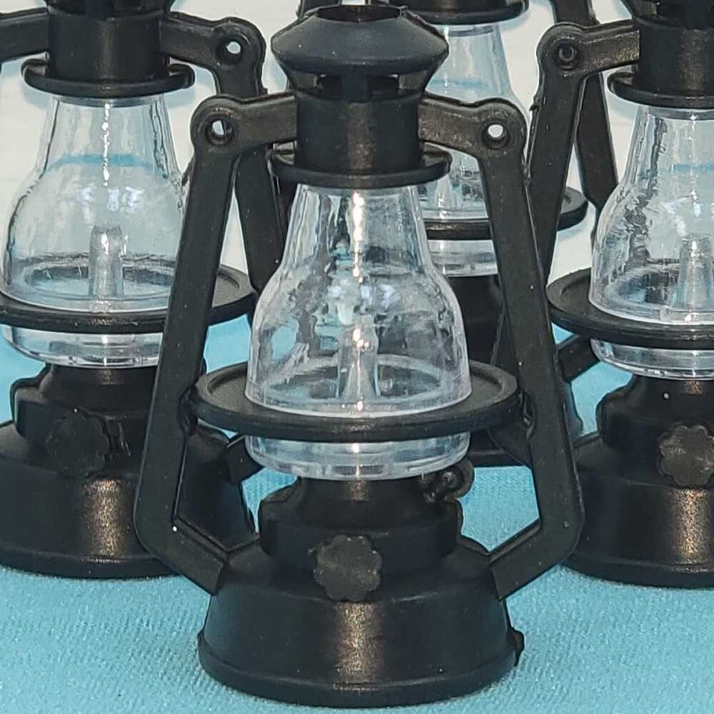 Lot of 9 Mini Plastic Lantern Ornaments Lamp Decor 2 Inch Tall Black Clear